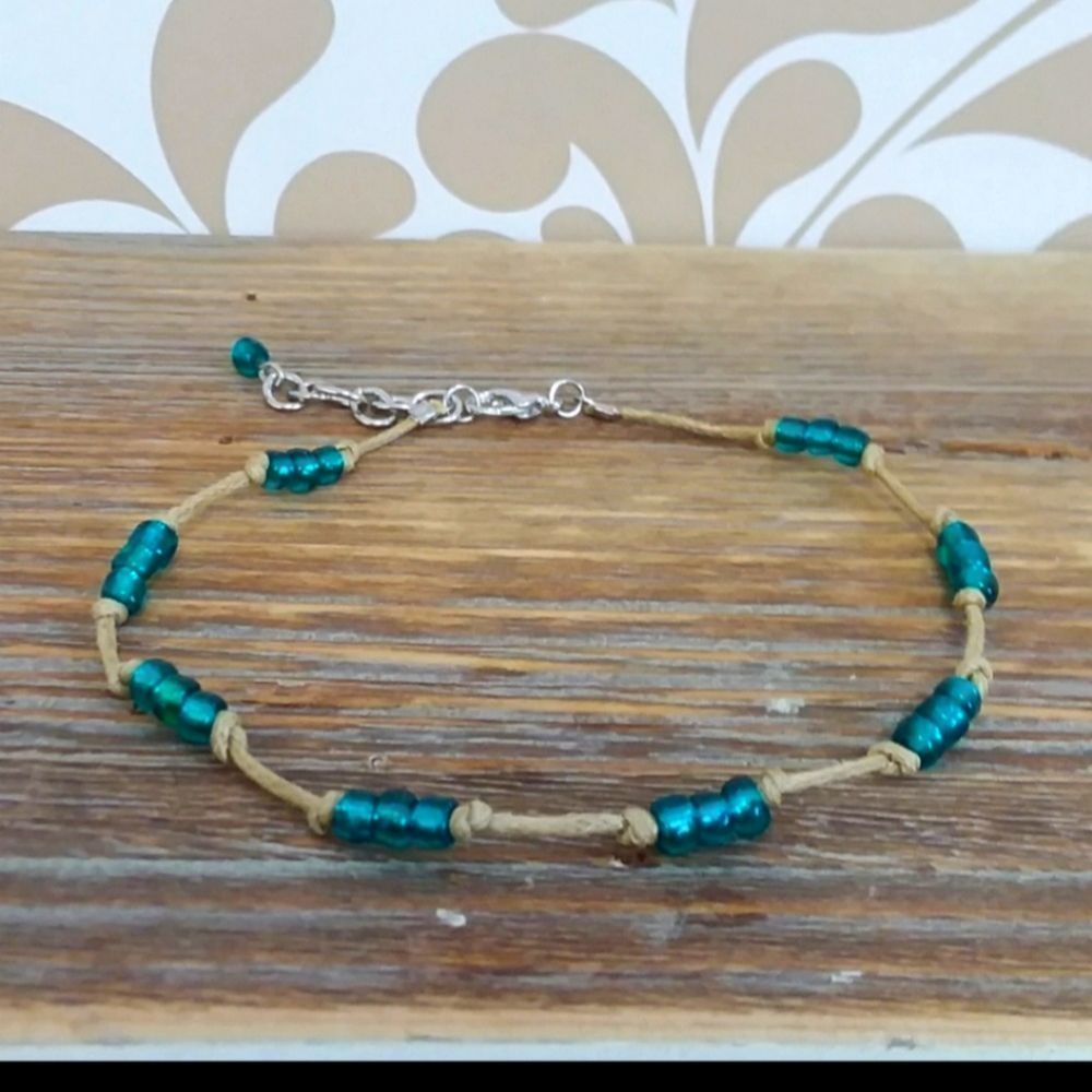 Aqua Beaded Beige Cord Ankle Bracelet
